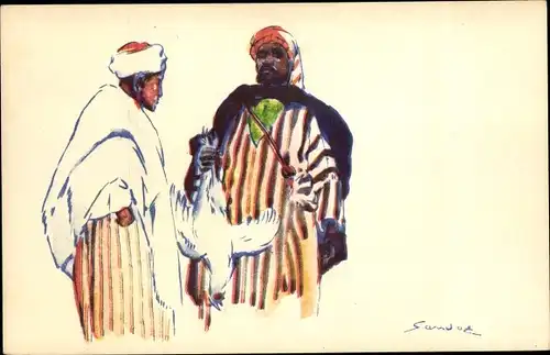 Künstler Ak Sandoz, Zwei Afrikaner mit Huhn, Araber, Auto Circuits Nord Africains, CGT