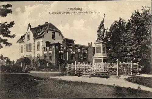 Ak Tschernjachowsk Insterburg Ostpreußen, Elektrizitätswerk mit Germania-Denkmal