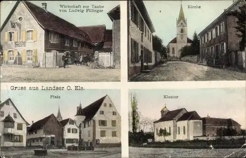 Ak Landser Elsass Haut Rhin, Wirtschaft zur Taube, Kirche, Platz, Kloster
