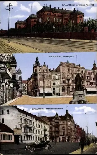 Ak Grudziądz Graudenz Westpreußen, Artillerie Kaserne, Marktplatz, Marienwerderstraße