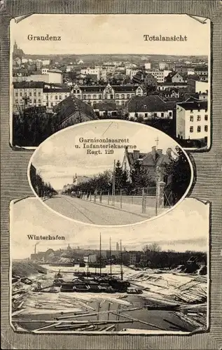 Ak Grudziądz Graudenz Westpreußen, Garnisonlazarett und Infanterie Kaserne Regt 129, Winterhafen