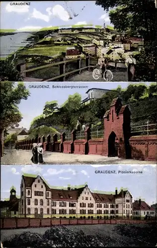Ak Grudziądz Graudenz Westpreußen, Stadtpanorama, Schlossbergterrassen, Pionierkaserne