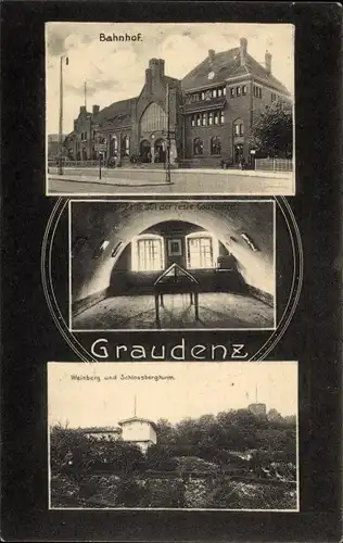 Ak Grudziądz Graudenz Westpreußen, Bahnhof, Weinberg, Fritz Reuter Zelle der Feste Courbière