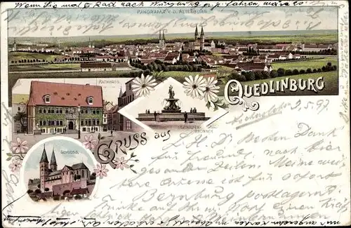 Litho Quedlinburg im Harz, Schloss, Rathaus, Mathildenbrunnen, Panorama von der Altenburg aus