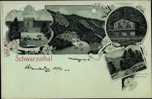 Mondschein Litho Schwarzburg Schwarzathal, Waidmannsheil, Eberstein, Schweizerhaus, Kirchfelsen