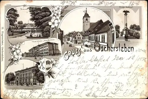 Litho Oschersleben an der Bode, Bodewehr, Neue Schule, Krankenhaus, Kriegerdenkmal, Landsratsamt