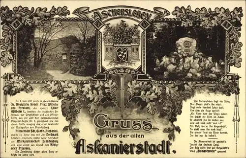 Ak Aschersleben im Salzlandkreis, Gruß aus der alten Askanierstadt, Denkmal, Bismarckstein, Gedicht