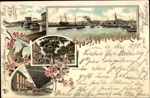 Litho Wittenberge an der Elbe Prignitz, Bahnstraße, Bahnhof, Elbbrücke, Hafen