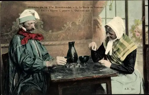 Ak Calvados, Scenes de la Vie Normande, Paar in normannischen Trachten spielt Domino