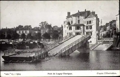 Ak Lagny Thorigny Seine et Marne, Pont, Kriegszerstörung 1. WK