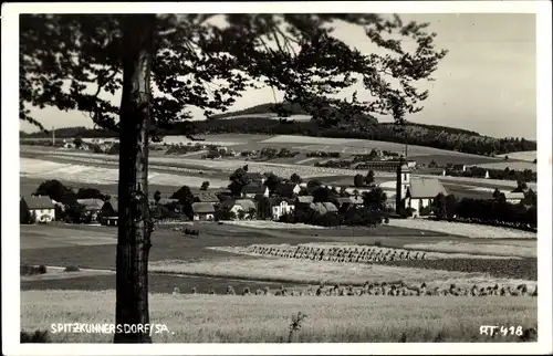 Ak Spitzkunnersdorf Leutersdorf Oberlausitz, Kirche, Panorama vom Ort