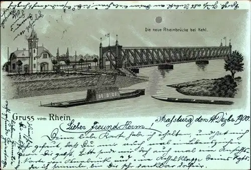 Mondschein Litho Kehl am Rhein, neue Rheinbrücke bei Nacht