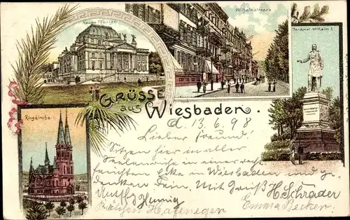 Litho Wiesbaden in Hessen, Theater, Ringkirche, Wilhelmstraße, Denkmal Wilhelm I.