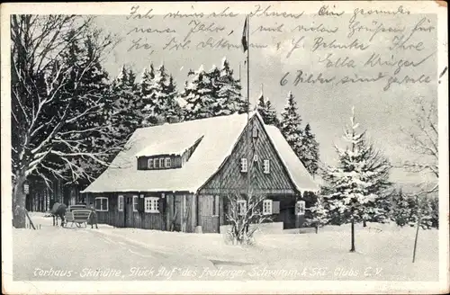 Ak Holzhau Rechenberg Bienenmühle Erzgebirge, Winter, Torhaus Skihütte Glück Auf, Freiberger Skiclub