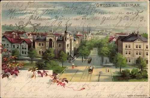 Litho Weimar in Thüringen, Straßenpartie mit Gebäuden, Straßenbahn