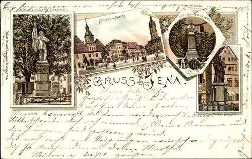 Litho Jena in Thüringen, Rathaus, Markt, Fritz Reuter Denkmal