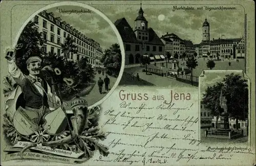 Mondschein Litho Jena in Thüringen, Universitätsgebäude, Markt, Bismarckbrunnen, Denkmal, Nacht