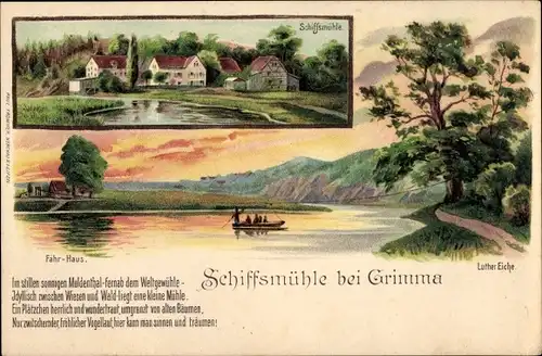 Litho Grimma in Sachsen, Schiffsmühle, Fährhaus und Luthereiche, Seilfähre