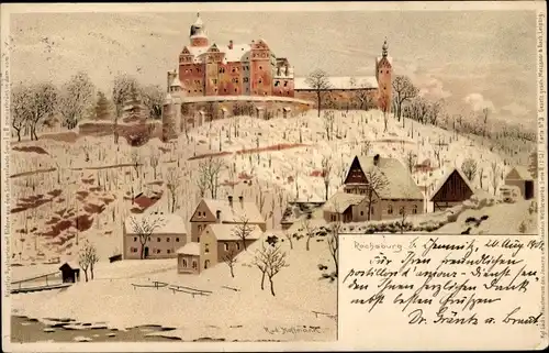 Künstler Litho Hoffmann, Rud., Rochsburg Lunzenau in Sachsen, Blick auf das Schloss, Winterszene