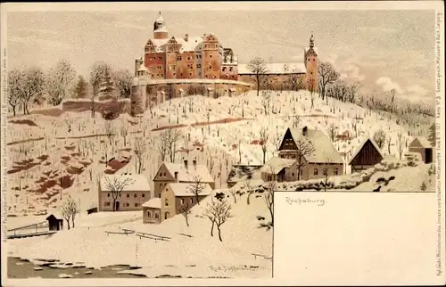 Künstler Litho Hoffmann, Rud., Rochsburg Lunzenau in Sachsen, Blick auf das Schloss, Winterszene