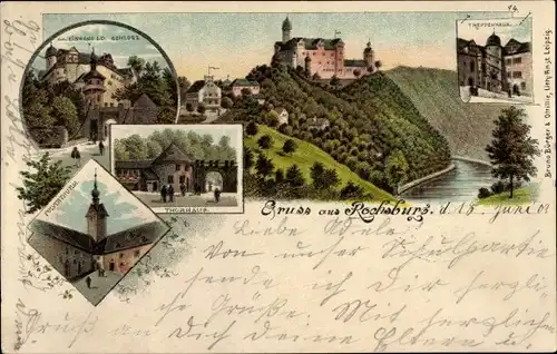 Litho Rochsburg Lunzenau in Sachsen, Thorhaus, Schloss, Pulverturm, Treppenhaus