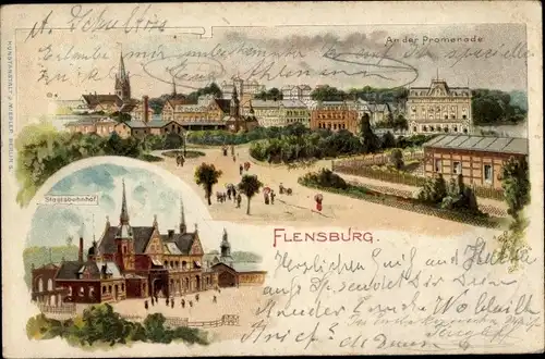 Litho Flensburg in Schleswig Holstein, Staatsbahnhof, Partie an der Promenade