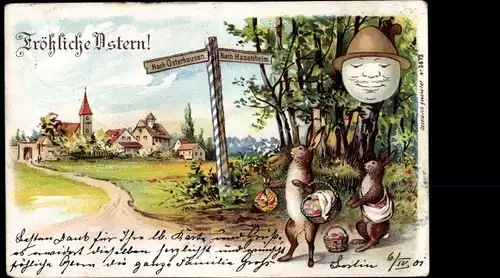 Litho Glückwunsch Ostern, Osterhasen am Wegweiser, Nach Osterhausen, Nach Hasenheim