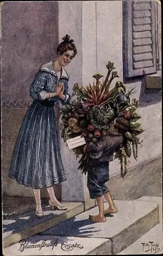 Künstler Ak Thiele, A., Blumenstrauß-Ersatz, Geschenk, Glückliche Frau