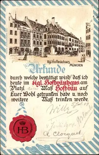 Präge Litho München Bayern, Kgl. Hofbräuhaus, Urkunde über 3 Maß Hofbräu