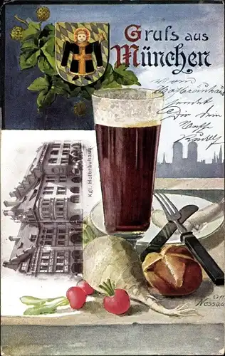Künstler Ak Nessau, München, Königliches Hofbräuhaus, Bier, Essen, Wappen, Brötchen