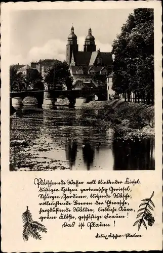 Ak Plauen im Vogtland, Panorama mit Brücke und Kirche, Gedicht