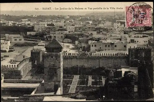 Ak Rabat Marokko, Les Jardins de la Medersa et Vue partielle de la Ville Arabe