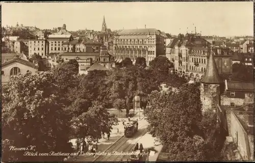Ak Plauen im Vogtland, Blick vom Rathaus am Lutherplatz und Bahnhofsstraße, Kirchturm