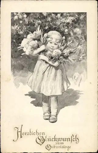 Künstler Ak Feiertag, Karl, Gebutstagsglückwunsch, Mädchen mit Blumen, BKWI 192 2