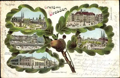 Eichenblatt Litho Dresden Altstadt, Zwinger, Hauptbahnhof, Altmarkt, Postplatz, Neustädter Bahnhof