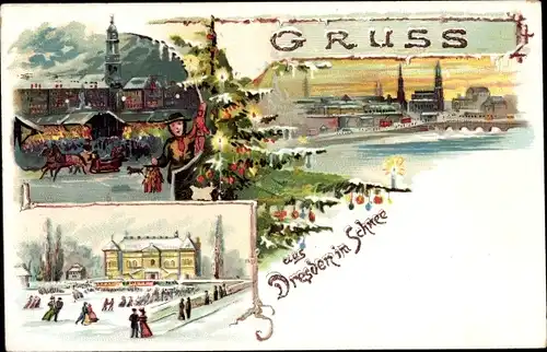 Litho Dresden Zentrum, Weihnachtsmarkt, Eislaufbahn, Weihnachtsbaum