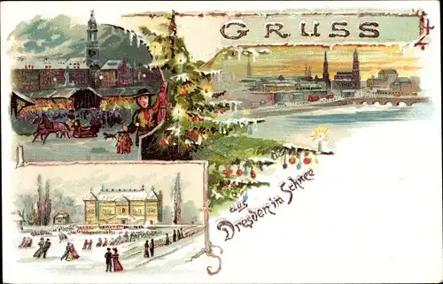 Litho Dresden Zentrum, Weihnachtsmarkt, Eislaufbahn, Weihnachtsbaum