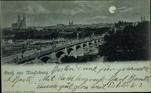 Mondschein Ak Magdeburg an der Elbe, Ortsansicht, Dom, Brücke