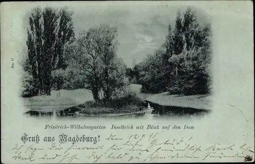 Mondschein Ak Magdeburg an der Elbe, Friedrich-Wilhelmsgarten, Inselteich mit Blick auf den Dom