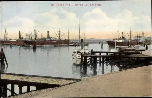 Ak Delfzijl Groningen Niederlande, Havengezicht, Hafenpartie, Dampfer