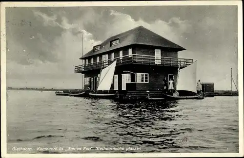 Ak Giethoorn Overijssel Niederlande, Kampeerhuis Samen Een, Giethoornsche plassen, Cafe Restaurant