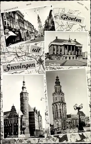 Ak Groningen Niederlande, Stadhuis, Provinciehuis, Martinitoren, Oosterstraat
