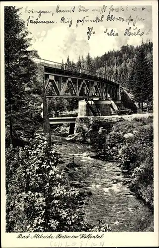 Ak Polanica Zdrój Bad Altheide Schlesien, Partie im Höllental, Eisenbahnviadukt