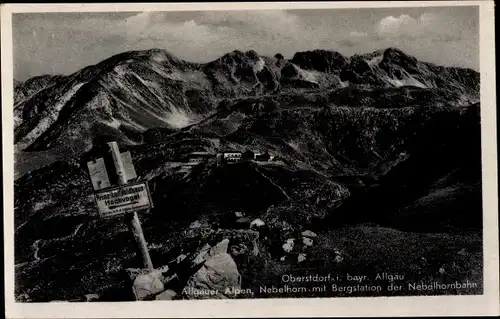 Ak Oberstdorf im Oberallgäu, Nebelhorn mit Bergstation der Nebelhornbahn, Panorama, Wegweiser