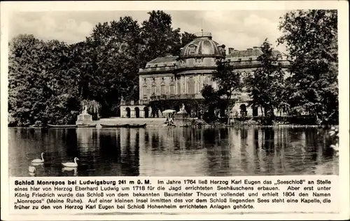 Ak Ludwigsburg, Schloss Monrepos vom Teich aus gesehen