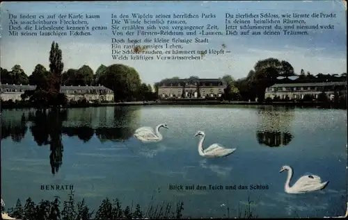 Ak Benrath Düsseldorf am Rhein, Schloss, Außenansicht, Teich, Gedicht