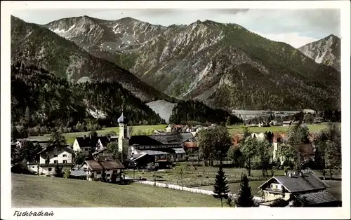 Ak Fischbachau in Oberbayern, Panorama mit Kirchturm, Berge