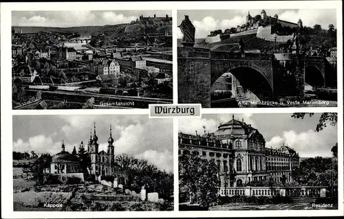 Ak Würzburg am Main Unterfranken, Residenz, Kapelle, Panorama, Alte Mainbrücke