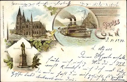 Litho Köln am Rhein, Dom, Bismarck-Denkmal, Dampfschiff