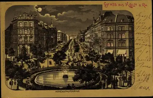Mondschein Litho Köln am Rhein, Hohenstaufenring, Brunnen